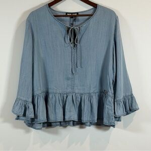 NEW DKNY Chambray Top Size L Women’s Ruffled Keyhole Tie Blue Lyocell Blouse